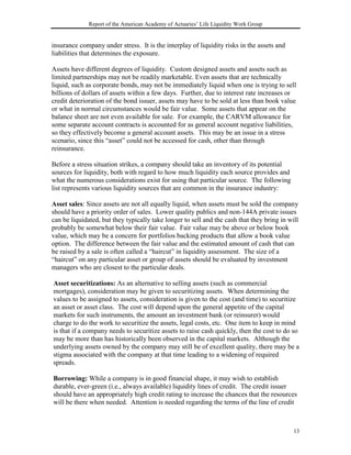 Report of the American Academy of Actuaries’ Life Liquidity Work Group


insurance company under stress. It is the interplay of liquidity risks in the assets and
liabilities that determines the exposure.

Assets have different degrees of liquidity. Custom designed assets and assets such as
limited partnerships may not be readily marketable. Even assets that are technically
liquid, such as corporate bonds, may not be immediately liquid when one is trying to sell
billions of dollars of assets within a few days. Further, due to interest rate increases or
credit deterioration of the bond issuer, assets may have to be sold at less than book value
or what in normal circumstances would be fair value. Some assets that appear on the
balance sheet are not even available for sale. For example, the CARVM allowance for
some separate account contracts is accounted for as general account negative liabilities,
so they effectively become a general account assets. This may be an issue in a stress
scenario, since this “asset” could not be accessed for cash, other than through
reinsurance.

Before a stress situation strikes, a company should take an inventory of its potential
sources for liquidity, both with regard to how much liquidity each source provides and
what the numerous considerations exist for using that particular source. The following
list represents various liquidity sources that are common in the insurance industry:

Asset sales: Since assets are not all equally liquid, when assets must be sold the company
should have a priority order of sales. Lower quality publics and non-144A private issues
can be liquidated, but they typically take longer to sell and the cash that they bring in will
probably be somewhat below their fair value. Fair value may be above or below book
value, which may be a concern for portfolios backing products that allow a book value
option. The difference between the fair value and the estimated amount of cash that can
be raised by a sale is often called a “haircut” in liquidity assessment. The size of a
“haircut” on any particular asset or group of assets should be evaluated by investment
managers who are closest to the particular deals.

Asset securitizations: As an alternative to selling assets (such as commercial
mortgages), consideration may be given to securitizing assets. When determining the
values to be assigned to assets, consideration is given to the cost (and time) to securitize
an asset or asset class. The cost will depend upon the general appetite of the capital
markets for such instruments, the amount an investment bank (or reinsurer) would
charge to do the work to securitize the assets, legal costs, etc. One item to keep in mind
is that if a company needs to securitize assets to raise cash quickly, then the cost to do so
may be more than has historically been observed in the capital markets. Although the
underlying assets owned by the company may still be of excellent quality, there may be a
stigma associated with the company at that time leading to a widening of required
spreads.

Borrowing: While a company is in good financial shape, it may wish to establish
durable, ever-green (i.e., always available) liquidity lines of credit. The credit issuer
should have an appropriately high credit rating to increase the chances that the resources
will be there when needed. Attention is needed regarding the terms of the line of credit



                                                                                            13
 