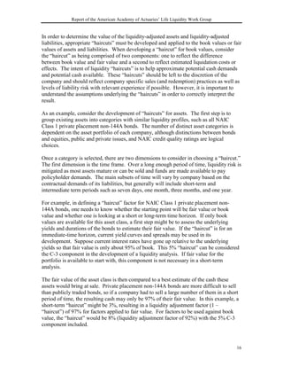 Report of the American Academy of Actuaries’ Life Liquidity Work Group


In order to determine the value of the liquidity-adjusted assets and liquidity-adjusted
liabilities, appropriate “haircuts” must be developed and applied to the book values or fair
values of assets and liabilities. When developing a “haircut” for book values, consider
the “haircut” as being comprised of two components: one to reflect the difference
between book value and fair value and a second to reflect estimated liquidation costs or
effects. The intent of liquidity “haircuts” is to help approximate potential cash demands
and potential cash available. These “haircuts” should be left to the discretion of the
company and should reflect company specific sales (and redemption) practices as well as
levels of liability risk with relevant experience if possible. However, it is important to
understand the assumptions underlying the “haircuts” in order to correctly interpret the
result.

As an example, consider the development of “haircuts” for assets. The first step is to
group existing assets into categories with similar liquidity profiles, such as all NAIC
Class 1 private placement non-144A bonds. The number of distinct asset categories is
dependent on the asset portfolio of each company, although distinctions between bonds
and equities, public and private issues, and NAIC credit quality ratings are logical
choices.

Once a category is selected, there are two dimensions to consider in choosing a “haircut.”
The first dimension is the time frame. Over a long enough period of time, liquidity risk is
mitigated as most assets mature or can be sold and funds are made available to pay
policyholder demands. The main subsets of time will vary by company based on the
contractual demands of its liabilities, but generally will include short-term and
intermediate term periods such as seven days, one month, three months, and one year.

For example, in defining a “haircut” factor for NAIC Class 1 private placement non-
144A bonds, one needs to know whether the starting point will be fair value or book
value and whether one is looking at a short or long-term time horizon. If only book
values are available for this asset class, a first step might be to assess the underlying
yields and durations of the bonds to estimate their fair value. If the “haircut” is for an
immediate-time horizon, current yield curves and spreads may be used in its
development. Suppose current interest rates have gone up relative to the underlying
yields so that fair value is only about 95% of book. This 5% “haircut” can be considered
the C-3 component in the development of a liquidity analysis. If fair value for the
portfolio is available to start with, this component is not necessary in a short-term
analysis.

The fair value of the asset class is then compared to a best estimate of the cash these
assets would bring at sale. Private placement non-144A bonds are more difficult to sell
than publicly traded bonds, so if a company had to sell a large number of them in a short
period of time, the resulting cash may only be 97% of their fair value. In this example, a
short-term “haircut” might be 3%, resulting in a liquidity adjustment factor (1 –
“haircut”) of 97% for factors applied to fair value. For factors to be used against book
value, the “haircut” would be 8% (liquidity adjustment factor of 92%) with the 5% C-3
component included.



                                                                                          16
 