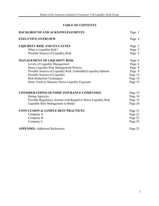 Report of the American Academy of Actuaries’ Life Liquidity Work Group



                                    TABLE OF CONTENTS

BACKGROUND AND ACKNOWLEGEMENTS                                                           Page 3

EXECUTIVE OVERVIEW                                                                       Page 4

LIQUIDITY RISK AND ITS CAUSES                                                            Page 5
     What is Liquidity Risk?                                                             Page 5
     Possible Sources of Liquidity Risk                                                  Page 5

MANAGEMENT OF LIQUIDITY RISK                                                             Page 6
    Levels of Liquidity Management                                                       Page 6
    Stress Liquidity Risk Management Process                                             Page 8
    Possible Sources of Liquidity Risk: Embedded Liquidity Options                       Page 9
    Possible Sources of Liquidity                                                        Page 12
    Risk Reduction Techniques                                                            Page 14
    Some Tools to Measure Stress Liquidity Exposure                                      Page 15


CONSIDERATIONS OUTSIDE INSURANCE COMPANIES                                               Page 19
     Rating Agencies                                                                     Page 19
     Possible Regulatory Actions with Regard to Stress Liquidity Risk                    Page 19
     Liquidity Risk Management in Banks                                                  Page 20

CONCLUSION & SAMPLE BEST PRACTICES                                                       Page 21
    Company A                                                                            Page 21
    Company B                                                                            Page 22
    Company C                                                                            Page 23

APPENDIX: Additional References                                                          Page 25




                                                                                               2
 
