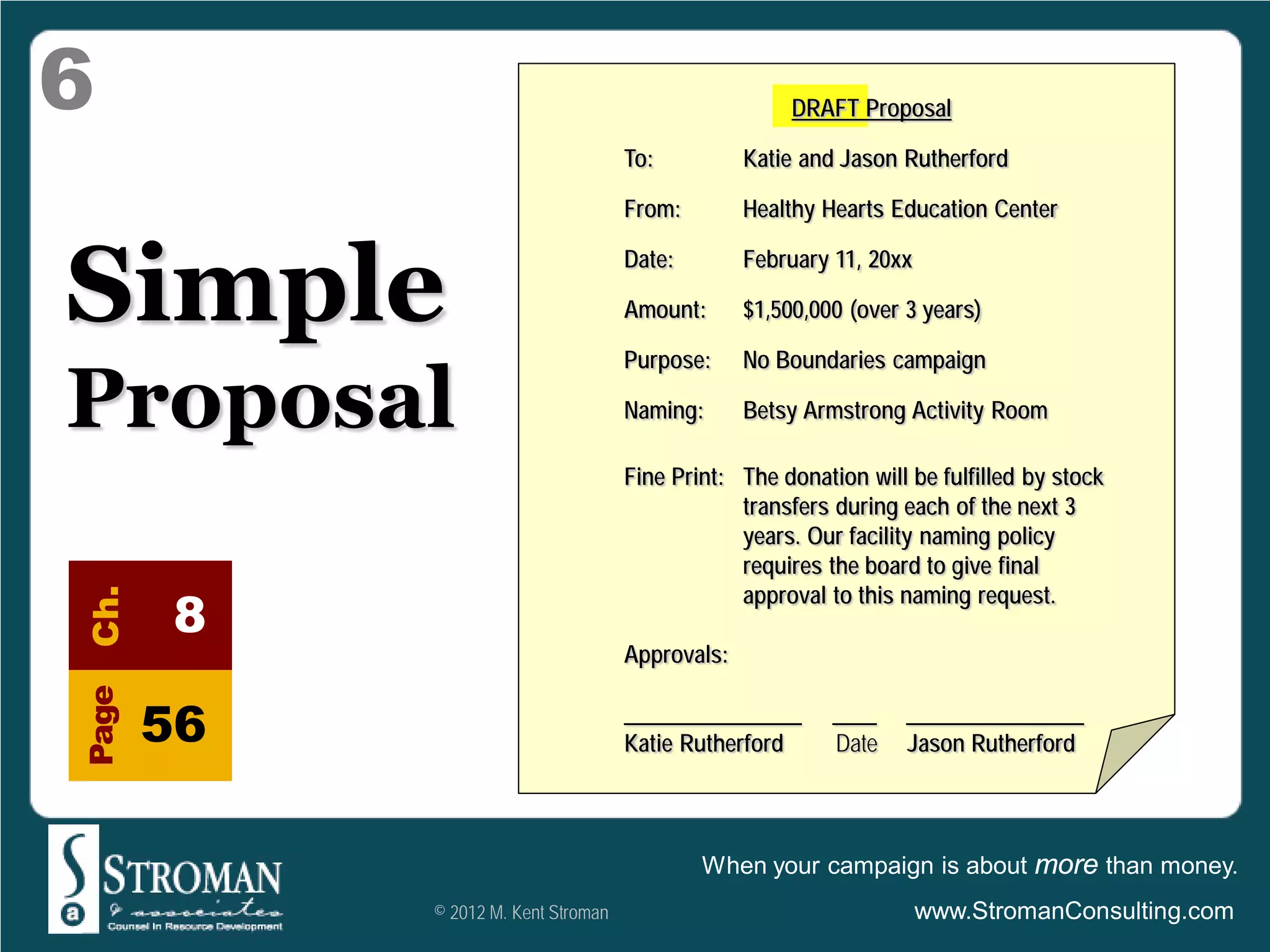6                                                      DRAFT Proposal

                                     To:          Katie and Jason Rutherford

                                     From:        Healthy Hearts Education Center



Simple
                                     Date:        February 11, 20xx

                                     Amount:      $1,500,000 (over 3 years)

                                     Purpose:     No Boundaries campaign

Proposal                             Naming:      Betsy Armstrong Activity Room

                                     Fine Print: The donation will be fulfilled by stock
                                                 transfers during each of the next 3
                                                 years. Our facility naming policy
                                                 requires the board to give final
                                                 approval to this naming request.
       8
Ch.




                                     Approvals:
Page




       56                            ________________
                                     Katie Rutherford
                                                           ____
                                                           Date
                                                                   ________________
                                                                   Jason Rutherford



                                             When your campaign is about more than money.
            © 2012 M. Kent Stroman                                    www.StromanConsulting.com
 