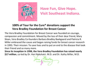 The Vera Bradley Foundation for Breast Cancer was founded on courage,
compassion and commitment. Moved by the loss of their dear friend, Mary
Sloan, Vera Bradley Co-founders Barbara Bradley Baekgaard and Patricia R.
Miller embraced the cause and began raising funds for breast cancer research
in 1993. Their mission: To save lives and to put an end to the disease that took
their friend and so many more.
Since its inception in 1998, the Vera Bradley Foundation has raised nearly
$17 million, co-led by Dr. Hari Nakshatri, M.D. and Dr. Kathy Miller, M.D.
100% of Tour for the Cure® donations support the
Vera Bradley Foundation for Breast Cancer
Have Fun, Give Hope.
Visit Southeast Indiana.
 