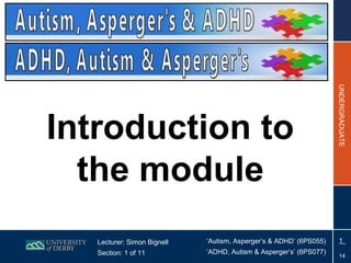 UNDERGRADUATE
Introduction to
  the module
   Lecturer: Simon Bignell   ‘Autism, Asperger’s & ADHD’ (6PS055)    1
   Section: 1 of 11          ‘ADHD, Autism & Asperger’s’ (6PS077)
                                                                      14
 