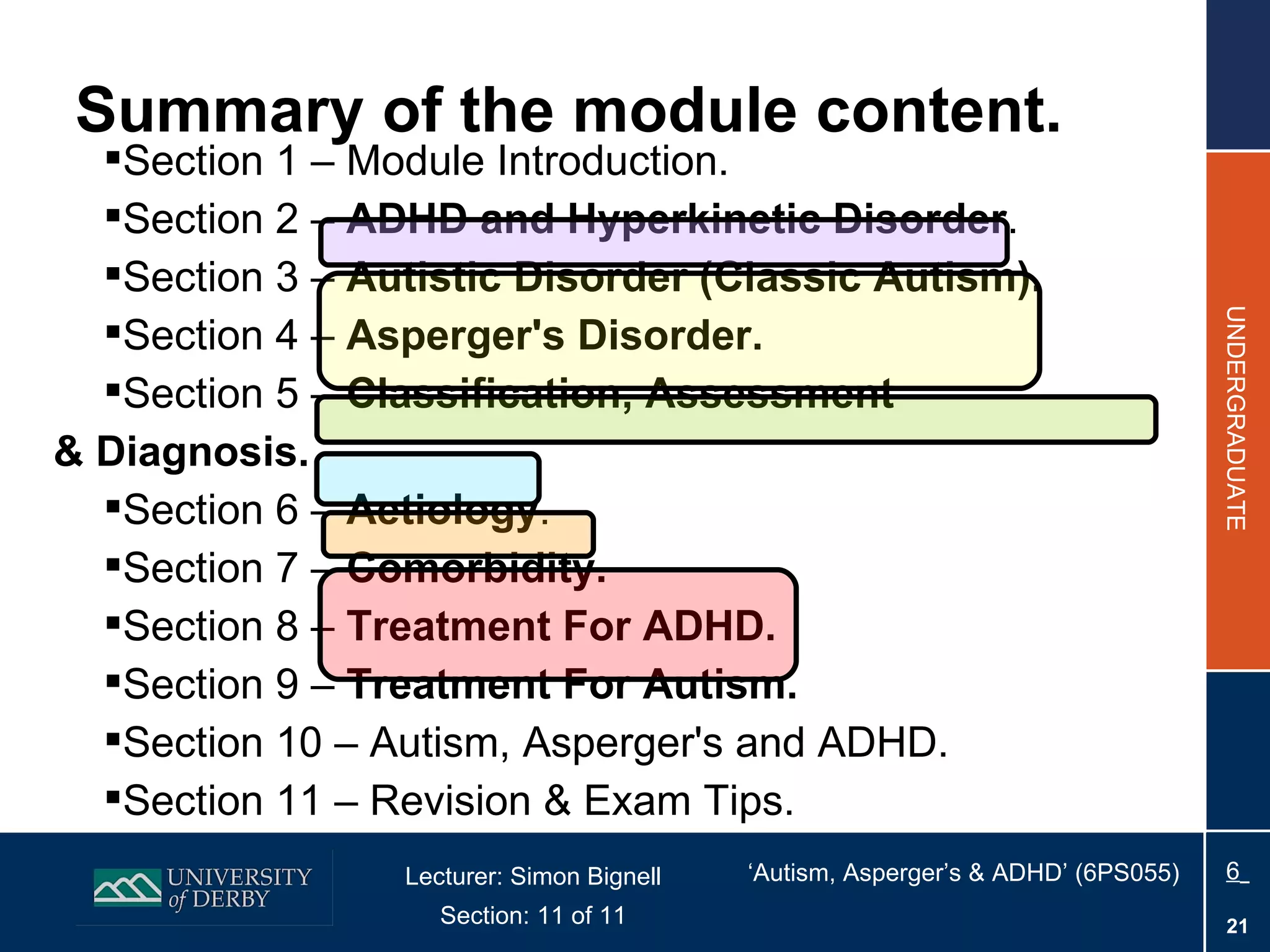 Summary of the module content. Section 1 – Module Introduction. Section 2 –  ADHD and Hyperkinetic Disorder . Section 3 –  Autistic Disorder (Classic Autism). Section 4 –  Asperger's Disorder. Section 5 –  Classification, Assessment & Diagnosis. Section 6 –  Aetiology . Section 7 –  Comorbidity. Section 8 –  Treatment For ADHD. Section 9 –  Treatment For Autism. Section 10 – Autism, Asperger's and ADHD. Section 11 – Revision & Exam Tips. 