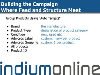Building the Campaign
Where Feed and Structure Meet
Group Products Using "Auto Targets"
● Brand
● Product Type
● Condition
● Adwords Label
● Adwords Grouping
● All products
● Product ID
the manufacturer
designation of product category
new, used etc
custom, many per product
custom, 1 per product
 