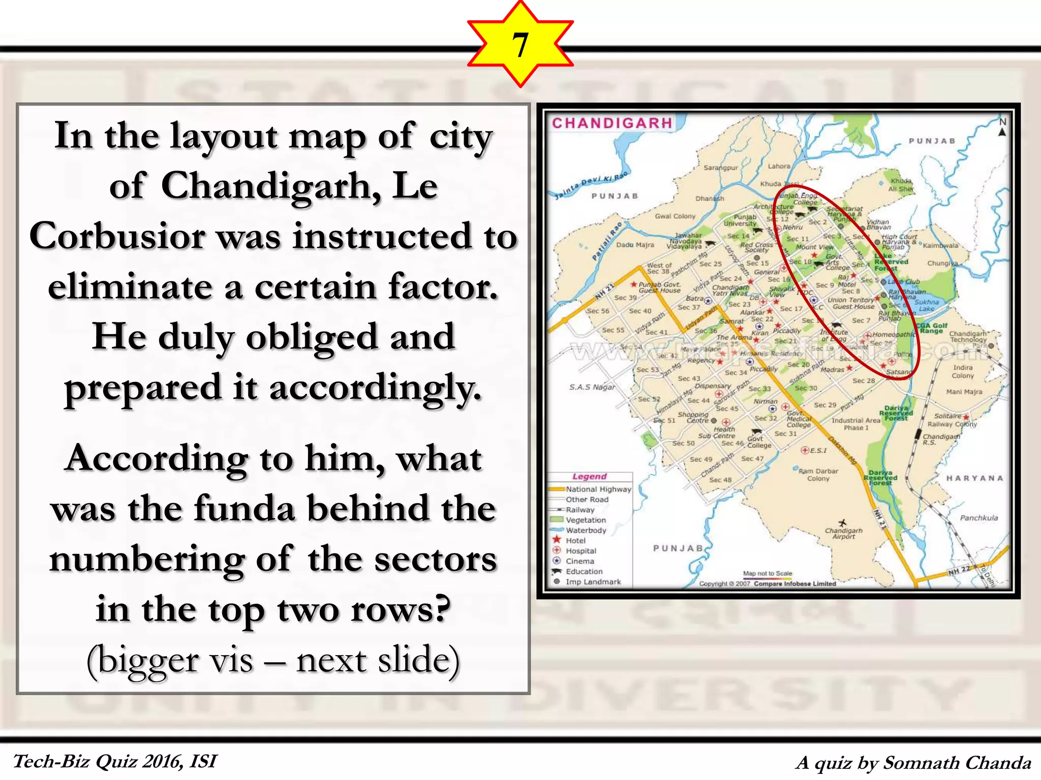In the layout map of city
of Chandigarh, Le
Corbusior was instructed to
eliminate a certain factor.
He duly obliged and
prepared it accordingly.
According to him, what
was the funda behind the
numbering of the sectors
in the top two rows?
(bigger vis – next slide)
A quiz by Somnath Chanda
7
Tech-Biz Quiz 2016, ISI
 