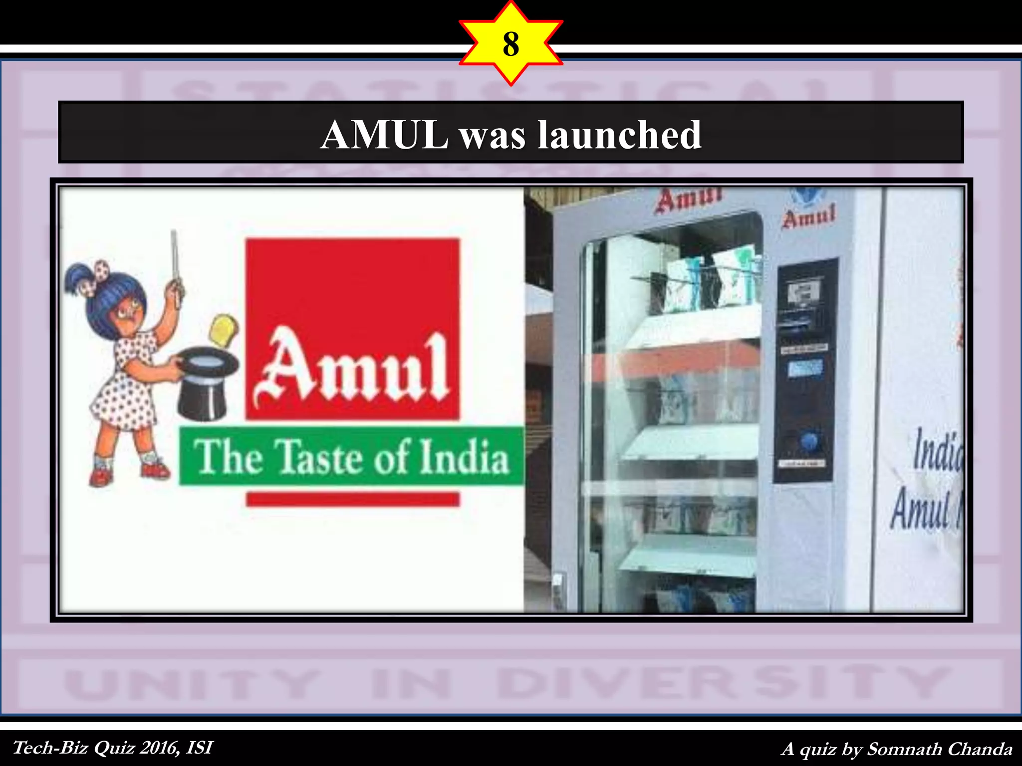 A quiz by Somnath Chanda
8
AMUL was launched
Tech-Biz Quiz 2016, ISI
 