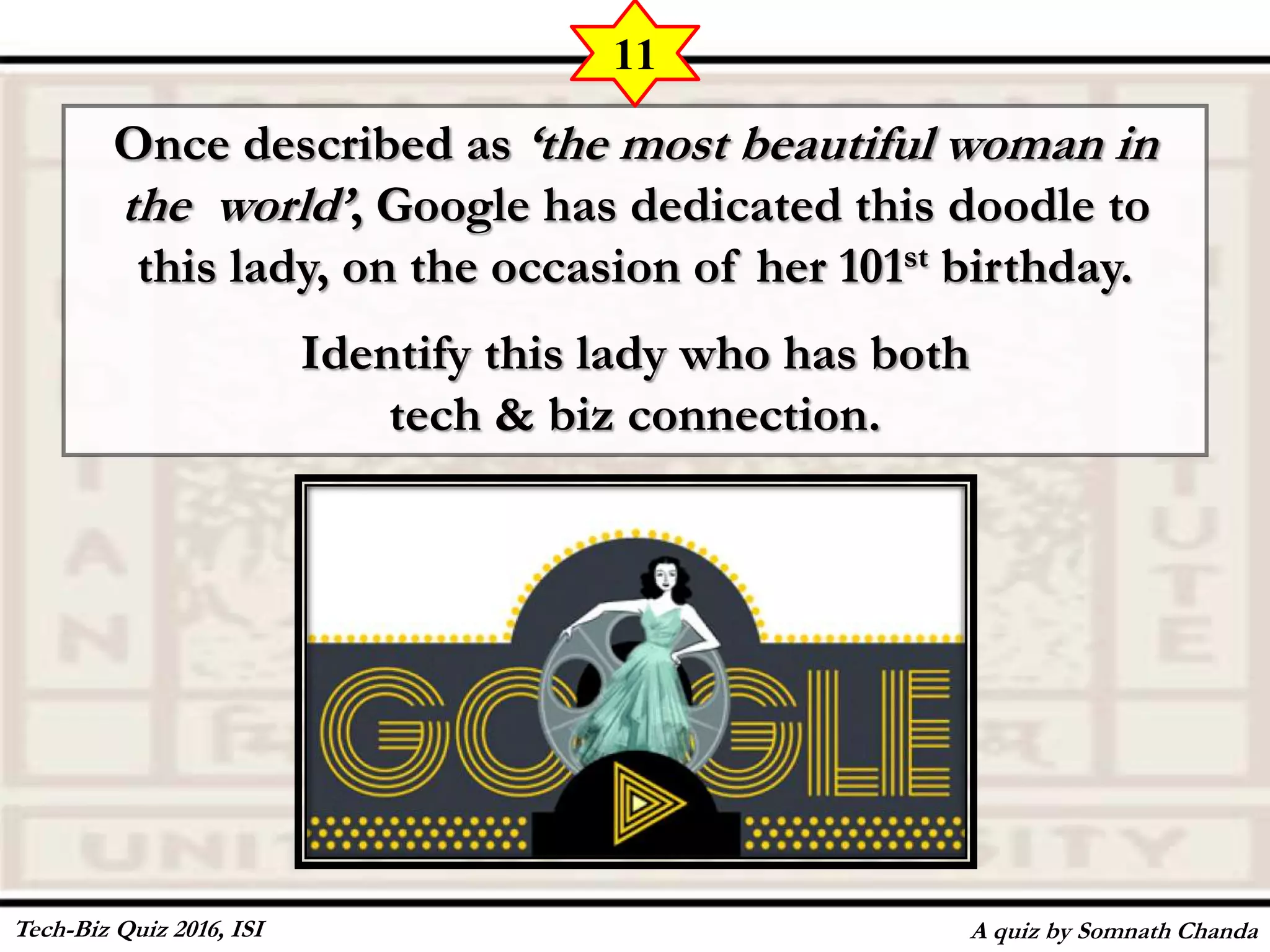 Once described as ‘the most beautiful woman in
the world’, Google has dedicated this doodle to
this lady, on the occasion of her 101st birthday.
Identify this lady who has both
tech & biz connection.
A quiz by Somnath Chanda
11
Tech-Biz Quiz 2016, ISI
 