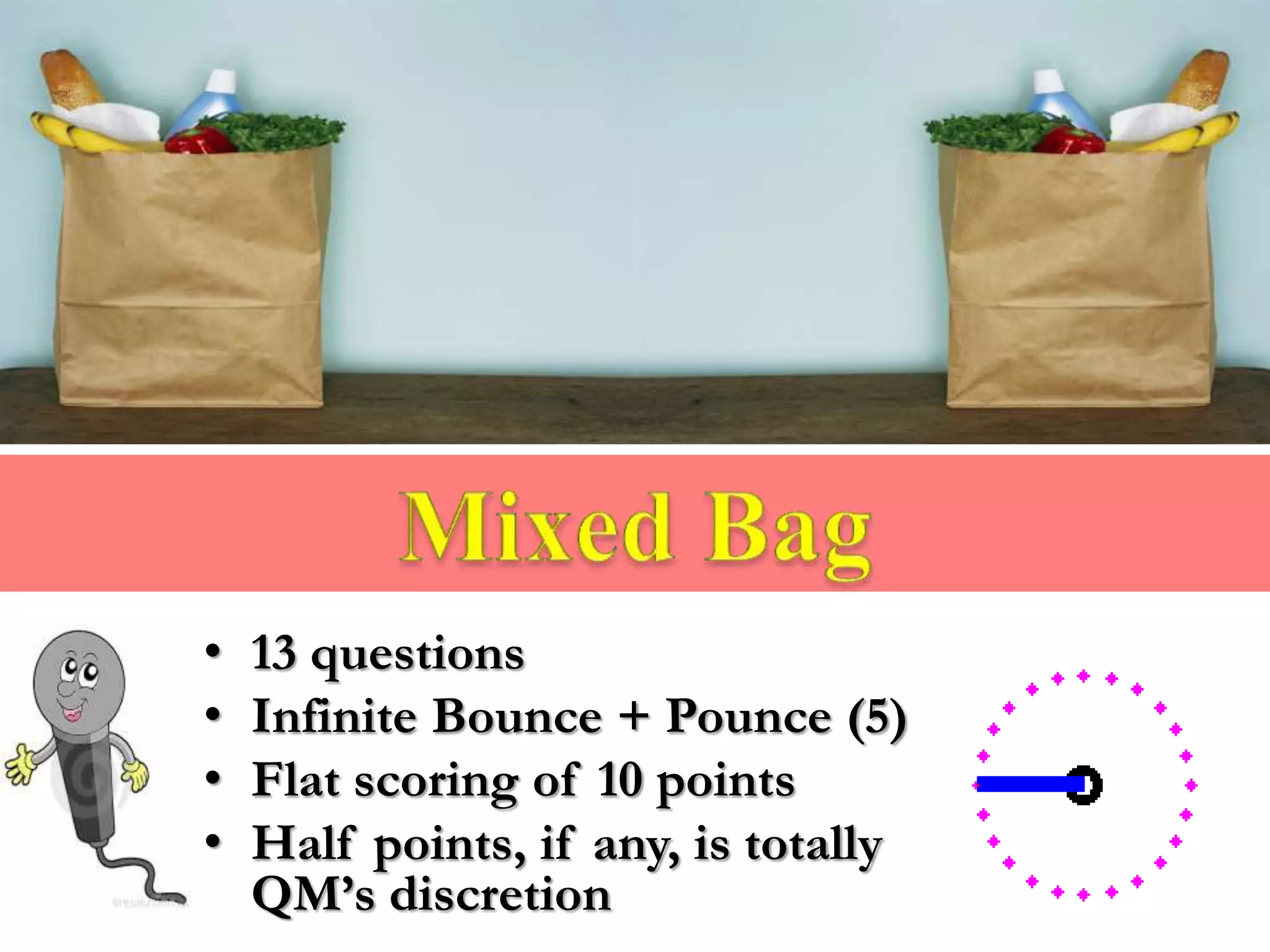 • 13 questions
• Infinite Bounce + Pounce (5)
• Flat scoring of 10 points
• Half points, if any, is totally
QM’s discretion
 