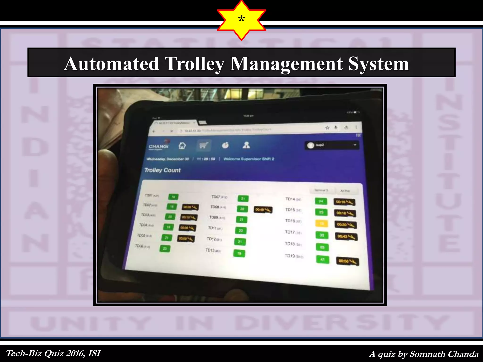 A quiz by Somnath Chanda
*
Automated Trolley Management System
Tech-Biz Quiz 2016, ISI
 