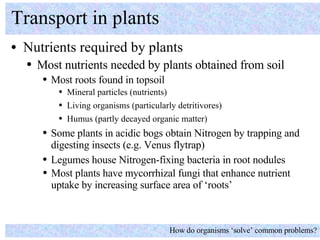 <ul><li>Nutrients required by plants </li></ul>Transport in plants How do organisms ‘solve’ common problems? <ul><ul><li>M...