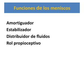 Funciones de los meniscos

Amortiguador
Estabilizador
Distribuidor de fluidos
Rol propioceptivo
 