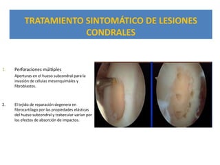 TRATAMIENTO SINTOMÁTICO DE LESIONES
                      CONDRALES


1.   Perforaciones múltiples
     Aperturas en el hueso subcondral para la
     invasión de células mesenquimáles y
     fibroblastos.



2.   El tejido de reparación degenera en
     fibrocartílago por las propiedades elásticas
     del hueso subcondral y trabecular varían por
     los efectos de absorción de impactos.
 