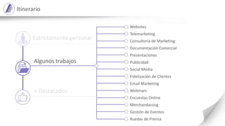 Algunos trabajos
Itinerario
Websites
Telemarketing
Consultoría de Marketing
Documentación Comercial
Presentaciones
Publicidad
Social Media
Fidelización de Clientes
Email Marketing
Webinars
Encuestas Online
Merchandaising
Gestión de Eventos
Ruedas de Prensa
Estrictamente personal
+ Destacados
 