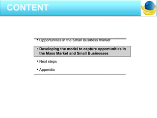 • Opportunities in the Small Business market
• Developing the model to capture opportunities in
the Mass Market and Small Businesses
• Next steps
• Appendix
CONTENT
 