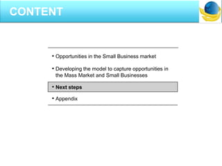 • Opportunities in the Small Business market
• Developing the model to capture opportunities in
the Mass Market and Small Businesses
• Next steps
• Appendix
CONTENT
 