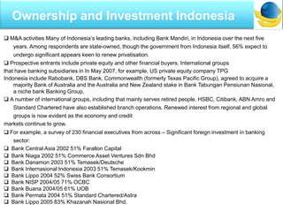  M&A activities Many of Indonesia’s leading banks, including Bank Mandiri, in Indonesia over the next five
years. Among respondents are state-owned, though the government from Indonesia itself, 56% expect to
undergo significant appears keen to renew privatisation.
 Prospective entrants include private equity and other financial buyers. International groups
that have banking subsidiaries in In May 2007, for example, US private equity company TPG
Indonesia include Rabobank, DBS Bank, Commonwealth (formerly Texas Pacific Group), agreed to acquire a
majority Bank of Australia and the Australia and New Zealand stake in Bank Tabungan Pensiunan Nasional,
a niche bank Banking Group.
 A number of international groups, including that mainly serves retired people. HSBC, Citibank, ABN Amro and
Standard Chartered have also established branch operations. Renewed interest from regional and global
groups is now evident as the economy and credit
markets continue to grow.
 For example, a survey of 230 financial executives from across – Significant foreign investment in banking
sector:
 Bank Central Asia 2002 51% Farallon Capital
 Bank Niaga 2002 51% Commerce Asset Ventures Sdn Bhd
 Bank Danamon 2003 51% Temasek/Deutsche
 Bank Internasional Indonesia 2003 51% Temasek/Kookmin
 Bank Lippo 2004 52% Swiss Bank Consortium
 Bank NISP 2004/05 71% OCBC
 Bank Buana 2004/05 61% UOB
 Bank Permata 2004 51% Standard Chartered/Astra
 Bank Lippo 2005 83% Khazanah Nasional Bhd.
Ownership and Investment Indonesia
 