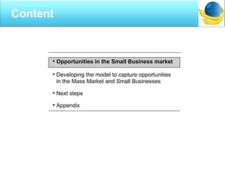 • Opportunities in the Small Business market
• Developing the model to capture opportunities
in the Mass Market and Small Businesses
• Next steps
• Appendix
Content
 