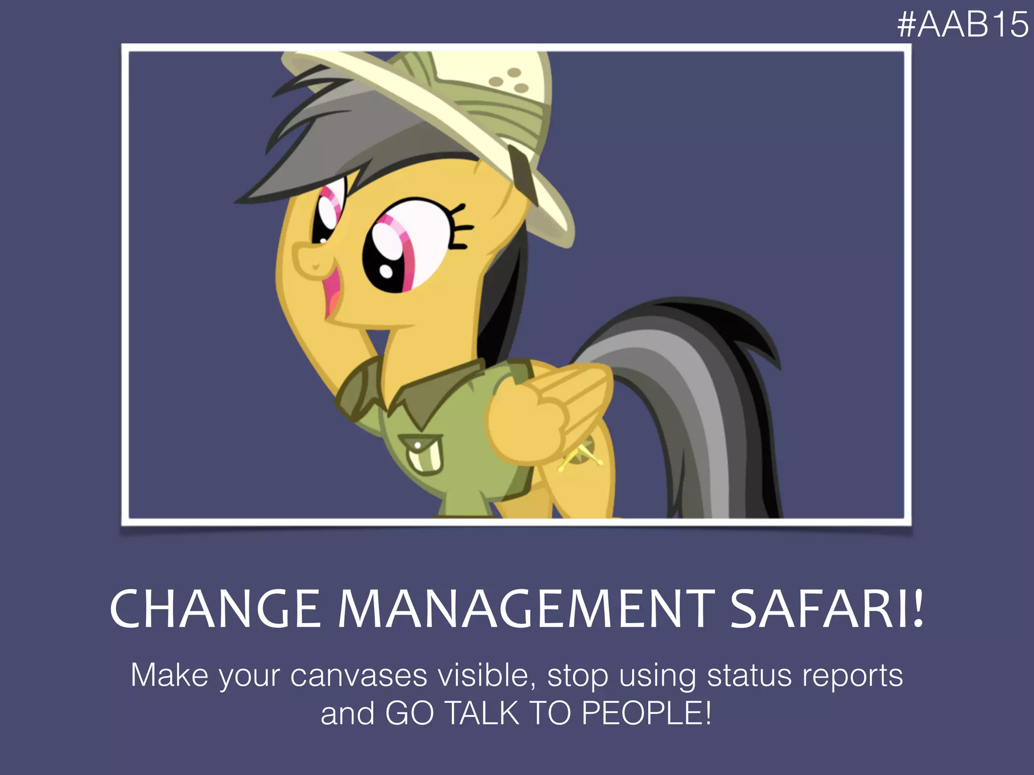 #AAB15
CHANGE	
  MANAGEMENT	
  SAFARI!
Make your canvases visible, stop using status reports
and GO TALK TO PEOPLE!
 