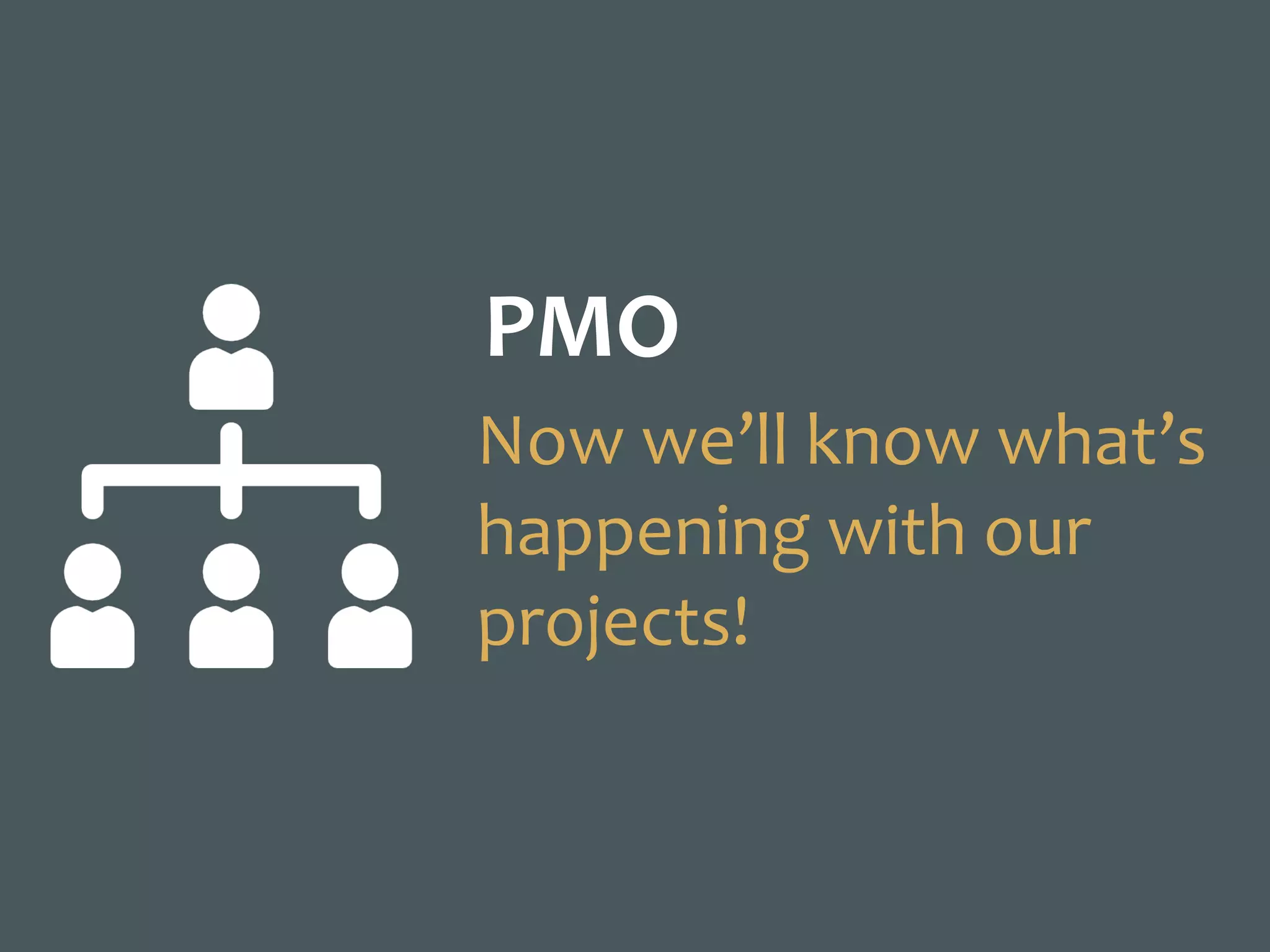 PMO
Now	we’ll	know	what’s	
happening	with	our	
projects!
 