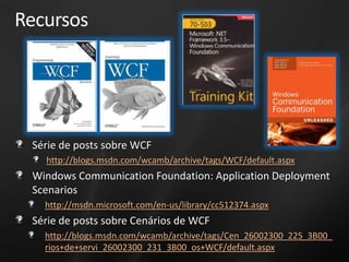 Recursos




 Série de posts sobre WCF
   http://blogs.msdn.com/wcamb/archive/tags/WCF/default.aspx
 Windows Communication Foundation: Application Deployment
 Scenarios
   http://msdn.microsoft.com/en-us/library/cc512374.aspx
 Série de posts sobre Cenários de WCF
   http://blogs.msdn.com/wcamb/archive/tags/Cen_26002300_225_3B00_
   rios+de+servi_26002300_231_3B00_os+WCF/default.aspx
 