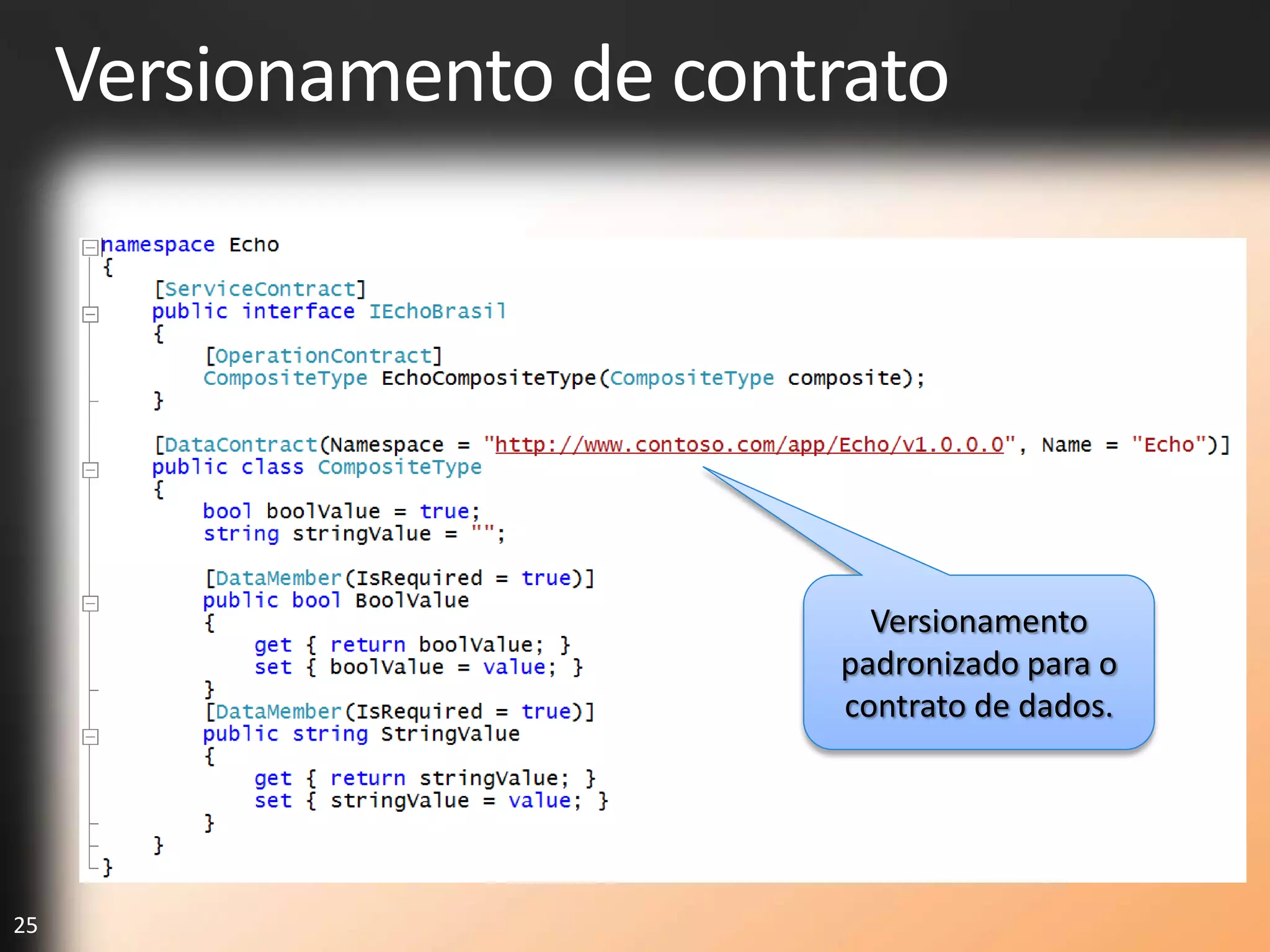 Versionamento de contrato




                            Versionamento
                          padronizado para o
                          contrato de dados.




25
 