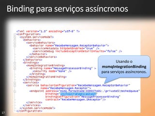 Binding para serviços assíncronos




                                      Usando o
                              msmqIntegrationBinding
                              para serviços assíncronos.




17
 