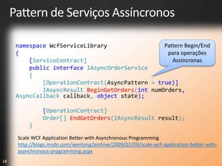 Pattern de Serviços Assíncronos

      namespace WcfServiceLibrary                 Pattern Begin/End
      {                                            para operações
          [ServiceContract]                          Assíncronas
          public interface IAsyncOrderService
          {
              [OperationContract(AsyncPattern = true)]
              IAsyncResult BeginGetOrders(int numOrders,
      AsyncCallback callback, object state);

                [OperationContract]
                Order[] EndGetOrders(IAsyncResult result);
          }
      Scale WCF Application Better with Asynchronous Programming
      http://blogs.msdn.com/wenlong/archive/2009/02/09/scale-wcf-application-better-with-
      asynchronous-programming.aspx
18
 