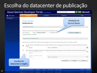 Escolha do datacenter de publicação

                               Validação de
                               Service Name




           Escolha do
       datacenter e região


29
 