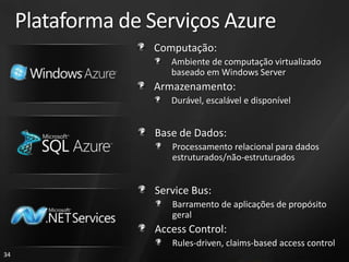Plataforma de Serviços Azure
                   Computação:
                      Ambiente de computação virtualizado
                      baseado em Windows Server
                   Armazenamento:
                      Durável, escalável e disponível


                   Base de Dados:
                      Processamento relacional para dados
                      estruturados/não-estruturados


                   Service Bus:
                      Barramento de aplicações de propósito
                      geral
                   Access Control:
                      Rules-driven, claims-based access control
34
 