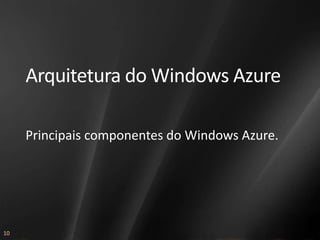 Arquitetura do Windows Azure

     Principais componentes do Windows Azure.




10
 