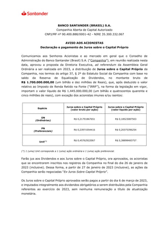 BANCO SANTANDER (BRASIL) S.A.
Companhia Aberta de Capital Autorizado
CNPJ/MF nº 90.400.888/0001-42 - NIRE 35.300.332.067
A...