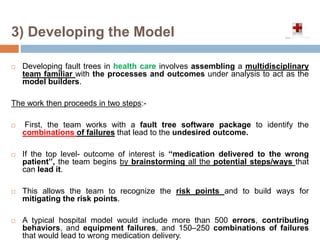 3) Developing the Model
 Developing fault trees in health care involves assembling a multidisciplinary
team familiar with the processes and outcomes under analysis to act as the
model builders.
The work then proceeds in two steps:-
 First, the team works with a fault tree software package to identify the
combinations of failures that lead to the undesired outcome.
 If the top level- outcome of interest is ‘‘medication delivered to the wrong
patient’’, the team begins by brainstorming all the potential steps/ways that
can lead it.
 This allows the team to recognize the risk points and to build ways for
mitigating the risk points.
 A typical hospital model would include more than 500 errors, contributing
behaviors, and equipment failures, and 150–250 combinations of failures
that would lead to wrong medication delivery.
 