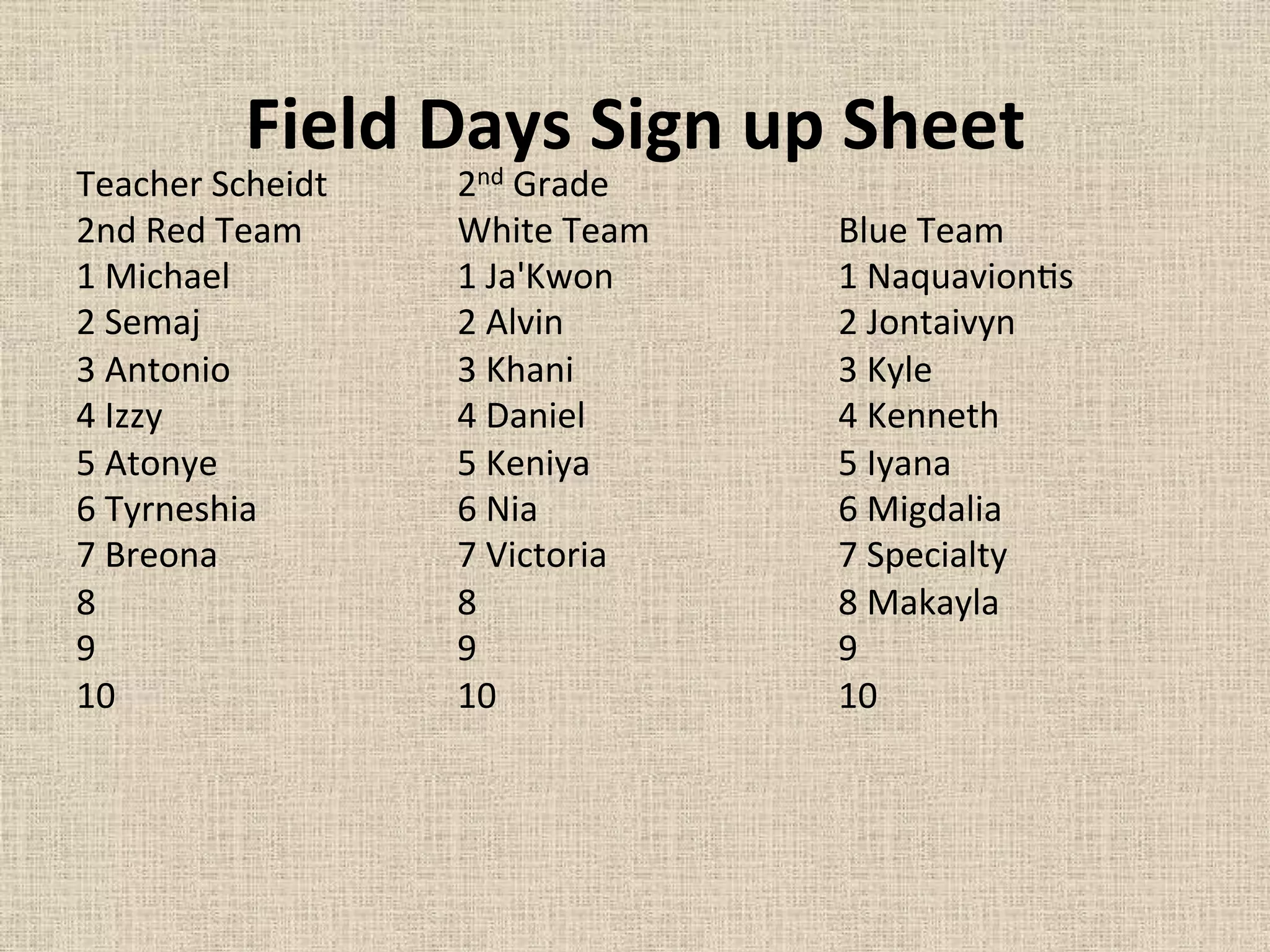 Field	
  Days	
  Sign	
  up	
  Sheet	
  	
  
Teacher	
  Scheidt	
  	
   	
  2nd	
  Grade	
  
2nd	
  Red	
  Team	
   	
   	
  White	
  Team	
   	
   	
  Blue	
  Team	
   	
  	
  
1	
  Michael	
  	
  	
   	
   	
  1	
  Ja'Kwon	
  	
  	
   	
   	
  1	
  Naquavion=s	
  	
  	
  	
  
2	
  Semaj	
  	
  	
   	
   	
  2	
  Alvin	
  	
  	
   	
   	
  2	
  Jontaivyn	
  	
  	
  	
  
3	
  Antonio	
  	
  	
   	
   	
  3	
  Khani	
  	
  	
   	
   	
  3	
  Kyle	
  	
  	
  	
  
4	
  Izzy	
  	
  	
  	
   	
   	
  4	
  Daniel	
  	
  	
   	
   	
  4	
  Kenneth	
  	
  	
   	
  	
  
5	
  Atonye	
  	
  	
   	
   	
  5	
  Keniya	
  	
  	
   	
   	
  5	
  Iyana	
  	
  	
   	
  	
  
6	
  Tyrneshia	
  	
  	
   	
   	
  6	
  Nia	
   	
   	
   	
  6	
  Migdalia	
  	
  	
  	
  
7	
  Breona	
  	
  	
   	
   	
  7	
  Victoria	
  	
  	
   	
   	
  7	
  Specialty	
  	
  	
   	
  	
  
8	
  	
  	
  	
  	
   	
   	
   	
  8	
  	
  	
  	
  	
   	
   	
   	
  8	
  Makayla	
  	
  	
   	
  	
  
9	
   	
   	
   	
  9	
  	
  	
  	
   	
   	
   	
  9	
  
10 	
   	
   	
  10 	
   	
   	
  10	
  	
  	
  	
  	
  
 