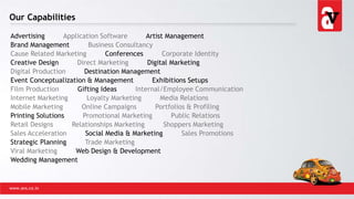 Our Capabilities
www.avs.co.in
Advertising Application Software Artist Management
Brand Management Business Consultancy
Cause Related Marketing Conferences Corporate Identity
Creative Design Direct Marketing Digital Marketing
Digital Production Destination Management
Event Conceptualization & Management Exhibitions Setups
Film Production Gifting Ideas Internal/Employee Communication
Internet Marketing Loyalty Marketing Media Relations
Mobile Marketing Online Campaigns Portfolios & Profiling
Printing Solutions Promotional Marketing Public Relations
Retail Designs Relationships Marketing Shoppers Marketing
Sales Acceleration Social Media & Marketing Sales Promotions
Strategic Planning Trade Marketing
Viral Marketing Web Design & Development
Wedding Management
 
