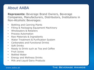 About AABA
Represents: Beverage Brand Owners, Beverage
Companies, Manufacturers, Distributors, Institutions in
Non-Alcoholic Beverages:
• Bottling and Canning Plants
• Filling & Packaging Equipment Machinery
• Wholesalers & Retailers
• Process Automation
• Raw Materials & Ingredients
• Water Treatment & Purification System
• Carbonates and Functional Drinks
• Soft Drinks
• Ready to Drink such as Tea and Coffee
• Fruit Juices
• Bottled Water
• Energy and Wellness Drinks
• Milk and Liquid Dairy Products
www.aaba.ae
 