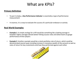 What are KPIs?
Primary Definition
– To put it simply, a Key Performance Indicator is essentially a type of performance
measurement
– In essence, it is a way to evaluate the success of a particular endeavor or activity
Real World Examples
– Example 1: A simple analogy for a KPI would be something like a batting average in
baseball; higher averages denote better hitting success rates and allow teams to gauge
performance of their players
– Example 2: Another example would be a stock portfolios rate of return, which could be
demonstrated several ways including increase in monetary wealth of the account as well as
rates of return for key investments and how they performed against each other
5
 