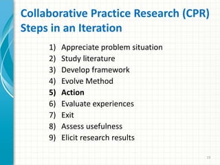 Collaborative Practice Research (CPR)
Steps in an Iteration
1) Appreciate problem situation
2) Study literature
3) Develop framework
4) Evolve Method
5) Action
6) Evaluate experiences
7) Exit
8) Assess usefulness
9) Elicit research results
19
 
