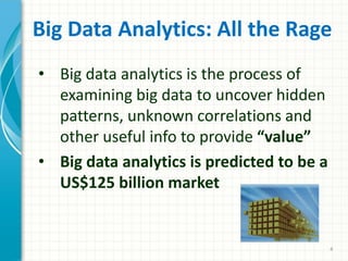 Big Data Analytics: All the Rage
• Big data analytics is the process of
examining big data to uncover hidden
patterns, unknown correlations and
other useful info to provide “value”
• Big data analytics is predicted to be a
US$125 billion market
4
 