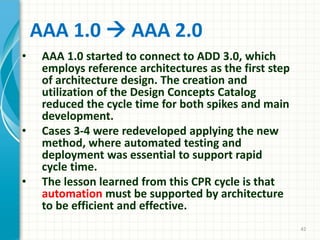 AAA 1.0  AAA 2.0
• AAA 1.0 started to connect to ADD 3.0, which
employs reference architectures as the first step
of architecture design. The creation and
utilization of the Design Concepts Catalog
reduced the cycle time for both spikes and main
development.
• Cases 3-4 were redeveloped applying the new
method, where automated testing and
deployment was essential to support rapid
cycle time.
• The lesson learned from this CPR cycle is that
automation must be supported by architecture
to be efficient and effective.
42
 