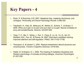 Key Papers - 4
!   Rozin, P. & Royzman, E.B. 2001. Negativity bias, negativity dominance, and
    contagion. Personality and Social Psychology Review, 5:296-320.

!   Takahashi, H., Kato, M., Matsuura, M., Mobbs, D., Suhara, T., & Okubo, Y.
    2009. When your gain is my pain and your pain is my gain: Neural correlates of
    envy and schadenfreude. Science, 323:937-939.

!   Tang, Y.-Y., Ma, Y., Wang, J., Fan, Y., Feng, S., Lu, Q., Yu, Q., Sui, D.,
    Rothbart, M.K., Fan, M., & Posner, M. 2007. Short-term meditation training
    improves attention and self-regulation. PNAS, 104:17152-17156.

!   Thompson, E. & Varela F.J. 2001. Radical embodiment: Neural dynamics and
    consciousness. Trends in Cognitive Sciences, 5:418-425.

!   Walsh, R. & Shapiro, S. L. 2006. The meeting of meditative disciplines and
    Western psychology: A mutually enriching dialogue. American Psychologist,
    61:227-239.
                                                                                     26
 