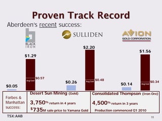 Aberdeen’s recent success:


                                          $2.20
                                                                        $1.56
          $1.29




                       $0.57
                                                       $0.48
                                 $0.26
            Avg Cost                        Avg Cost                                $0.34
$0.05                                                          $0.14     Avg Cost




               Desert Sun Mining (Gold)           Consolidated Thompson (Iron Ore)
Forbes &
Manhattan      3,750% return in 4 years        4,500% return in 3 years
success:       $735M sale price to Yamana Gold  Production commenced Q1 2010
TSX:AAB                                                                             11
 