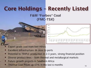 F&M “Forbes” Coal
                           (FMC-TSX)
                                                      $300


                                                      $250


                                                      $200




                                       (US$ /tonne)
                                                      $150


                                                      $100


                                                       $50


                                                        $0




                                                             Jan-07

                                                                      Mar-07

                                                                               May-07

                                                                                        Jul-07

                                                                                                 Sep-07

                                                                                                          Nov-07

                                                                                                                   Jan-08

                                                                                                                            Mar-08

                                                                                                                                     May-08

                                                                                                                                              Jul-08

                                                                                                                                                       Sep-08

                                                                                                                                                                Nov-08

                                                                                                                                                                         Jan-09

                                                                                                                                                                                  Mar-09

                                                                                                                                                                                           May-09

                                                                                                                                                                                                    Jul-09

                                                                                                                                                                                                             Sep-09

                                                                                                                                                                                                                      Nov-09

                                                                                                                                                                                                                               Jan-10

                                                                                                                                                                                                                                        Mar-10

                                                                                                                                                                                                                                                 May-10

                                                                                                                                                                                                                                                          Jul-10

                                                                                                                                                                                                                                                                   Sep-10

                                                                                                                                                                                                                                                                            Nov-10

                                                                                                                                                                                                                                                                                     Jan-11
                                                                                                          Richards Bay Thermal Coal Spot Price                               McCloskey/Xinhua Infolink's Coking Coal Price




  Export grade coal from two mines
  Excellent infrastructure  close to ports
  Potential to TRIPLE production in 2-3 years, strong financial position
  Diverse product lines – both thermal and metallurgical markets
  Future growth projects in Southern Africa
  Thermal Coal Prices up 57% in the last 6 months
TSX:AAB                                                                   13
 