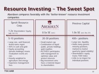 Aberdeen compares favorably with the “better-known” resource investment
  companies

      Sprott Resource                                           Pinetree Capital
           Corp.

   1.2x   Shareholders’ Equity
   (adj. Oct 31)                    0.5x SE    (est.)           1.0x SE    (est. Dec 31)


   5-10 positions                   20-30 positions             400+ positions
  • Large size, well financed,   • Small market cap            • Large size, liquidity
    brand name mgmt              • Combination of liquid       • Holds many passive
  • 40% in cash and gold           public, private holdings,     minority positions,
  • Equity accounting              gold royalties                marked-to-market
    (private holdings) means     • ACTIVELY participates         quarterly (good visibility)
    revaluation events are         with management to          • Shareholders’ equity
    rare                           optimize value and            tracks TSXV index
  • Heavily weighted to            protect interests           • Little to no impact for
    agriculture and energy       • Big investment wins           individual positions
  • Expensive management           have a material impact
    fees                           to shareholders


TSX:AAB                                                                                    17
 