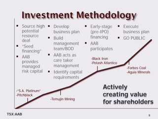  Source high  Develop                Early-stage      Execute
      potential          business plan    (pre-IPO)           business plan
      resource                            financing
      deal
                        Build                               GO PUBLIC
                         management  AAB
     “Seed              team/BOD         participates
      financing”
     AAB               AAB acts as
                                          -Black Iron
      provides           care taker
                                          -Potash Atlantico
      managed            management                            -Forbes Coal
      risk capital      Identify capital                      -Aguia Minerals
                         requirements

                                                    Actively
    -”S.A. Platinum”
    -Pitchblack                                     creating value
                        -Temujin Mining
                                                    for shareholders
TSX:AAB                                                                      9
 