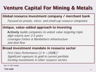 Global resource investment company / merchant bank
   Focused on private, micro- and small-cap resource companies

Unique, value-added approach to investing
  Actively builds companies to unlock value targeting triple
  digit returns over 2-5 years
  Leverages Forbes & Manhattan’s infrastructure
  and deal flow
Broad investment mandate in resource sector
   First Class Performance (2 Yr =258% )*
   Significant exposure to gold in current portfolio
   Exciting investments in other resource sectors
*Jan. 31, 2011 results

 TSX:AAB                                                         3
 