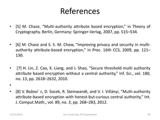 References
• [5] M. Chase, “Multi-authority attribute based encryption,” in Theory of
Cryptography. Berlin, Germany: Springer-Verlag, 2007, pp. 515–534.
• [6] M. Chase and S. S. M. Chow, “Improving privacy and security in multi-
authority attribute-based encryption,” in Proc. 16th CCS, 2009, pp. 121–
130.
• [7] H. Lin, Z. Cao, X. Liang, and J. Shao, “Secure threshold multi authority
attribute based encryption without a central authority,” Inf. Sci., vol. 180,
no. 13, pp. 2618–2632, 2010.
•
• [8] V. Božovi´ c, D. Socek, R. Steinwandt, and V. I. Villányi, “Multi-authority
attribute-based encryption with honest-but-curious central authority,” Int.
J. Comput.Math., vol. 89, no. 3, pp. 268–283, 2012.
11/27/2016 Jain University, ISE Department 46
 