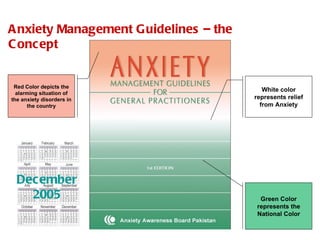 Red Color depicts the alarming situation of the anxiety disorders in the country Green Color represents the National Color December 2005 Anxiety Management Guidelines – the Concept White color represents relief from Anxiety 