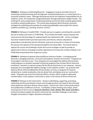 STRAND 2: Pathways to Publishing/Research – Engaging in research and other forms of
scholarship and disseminating work through peer reviewed publications is a critical factor for a
successful academic career. Although teaching and service are important responsibilities for an
academic career, the scholarship recognized by peers through publications weighs heavily. The
challenge for many academicians is balancing teaching and service while creating opportunities
to produce scholarly publications. This strand seeks proposals which illustrate successful
strategies for publishing and examples for producing publishable manuscripts from various
academic activities (e.g., teaching, research, service.)

STRAND 3: Pathways to Health/STEM – Provide avenues to support, promoting the successful
pursuit of studies and careers in STEM fields. This includes the health, natural, physical and
social sciences (S) technology (T), engineering (E) and mathematics (M). Various strategies
have been implemented to promote awareness and interest, enhance educational
preparedness and decrease barriers (financial, social and structural) as a means of increasing
the volume and capacity of the educational pipeline into these fields. This strand seeks to
explore the success and challenges of past and current strategies as well as provide an
opportunity to discuss emerging innovative approaches to increase the number of blacks in all
STEM fields and promote their long term success.

STRAND 4: Pathways to advance Diversity/African American Studies – A changing world
demands a changing university, curriculum and academic research environment. Proposals are
encouraged in two basic areas. First, proposals are encouraged that address best practices,
model programs or excellent examples of diversity programs that increase African American
enrollment, retention or improve campus life for African Americans on our campuses. Second,
proposals are encouraged that address changes in the academic content: e.g. practices that
advance African American/Black/Pan African Studies curricula, or programs of research,
scholarship or creative productions that are drawn from and deeply serve our community’s
needs. Proposals may come from diversity officers, faculty, staff or students addressing
transformation in the academic community or canon in the service of African Americans.

STRAND 5: Pathways to the Cultural Arts – Routes to identifying, supporting, promoting,
celebrating and documenting the cultural arts through practices and research that stimulate
social awareness and honor diverse cultural values. Cultural arts refer to the transformation
and collaboration of different art forms. It embodies creative thinking and critique, which
encompasses art forms such as visual art, literature, music, theatre, film, dance and others.
Cultural arts help to explain the world in which we live, and often challenge current ideas,
thoughts and practice in higher education and beyond.
 