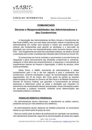 C I R C U L A R I N F O R M A T I V A São Paulo, 23 de março de 2020.
AABIC – CI 006 – 23-mar-2020
Rua Estados Unidos, 89,...