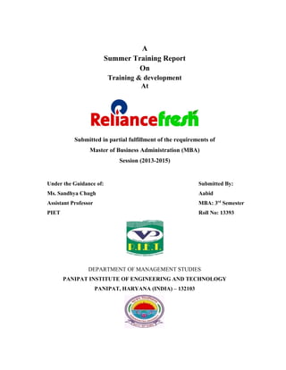 A
Summer Training Report
On
Training & development
At
Submitted in partial fulfillment of the requirements of
Master of Bu...